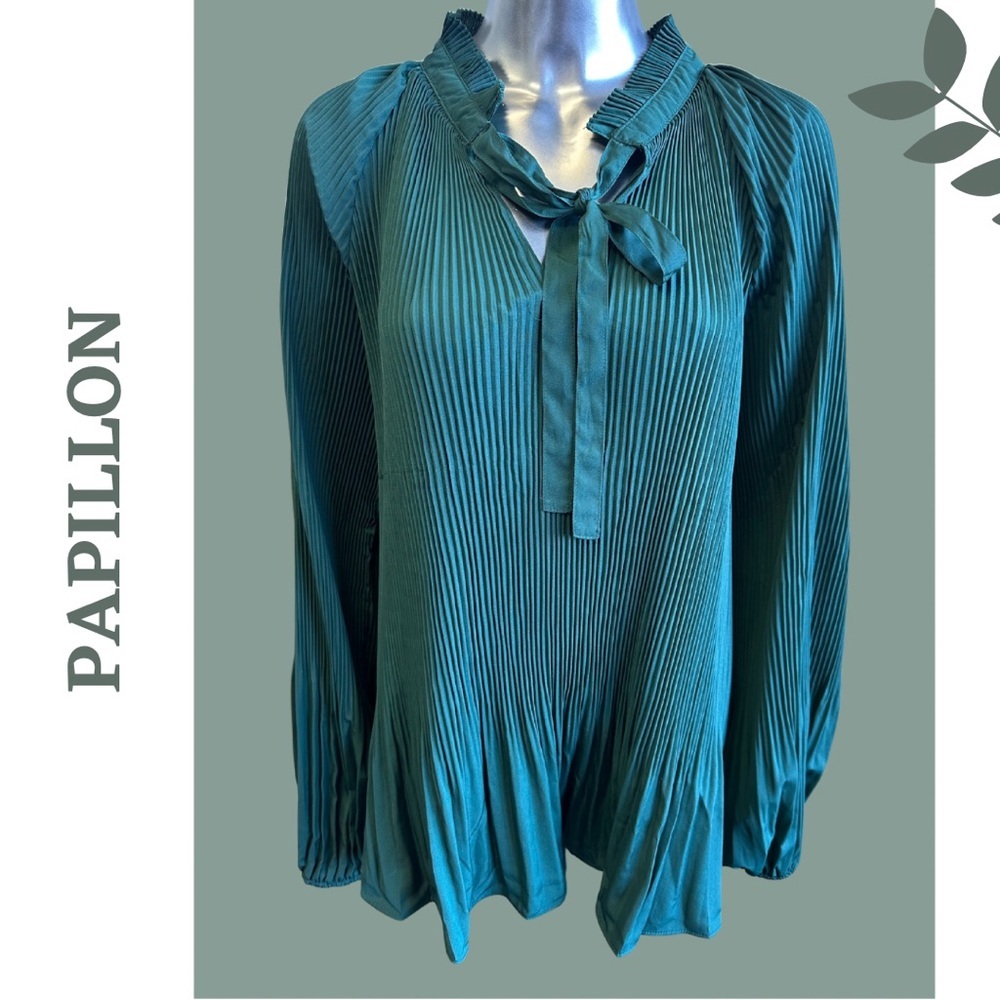 Papillon Women's Multi Pleat Loose Fit Emerald Green Blouse Neck Tie Size XXL 18